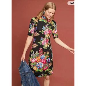 Ett:Twa By Athropologie Black Floral Coreyell Turtleneck Dress